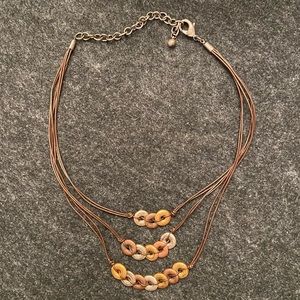 Gold, Silver, & Bronze circles on Brown Cording Necklace